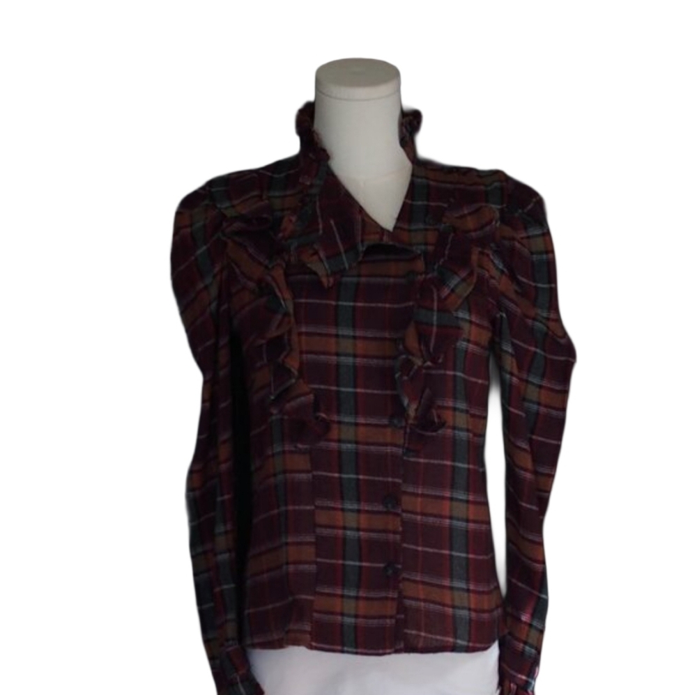 Mango | Plaid Ruffle Long Sleeve Shirt